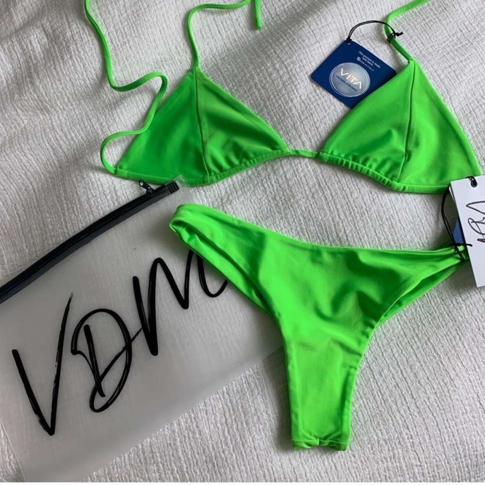 VDM the label Neon green bikini triangle top bottom set Small eco Sommer swim